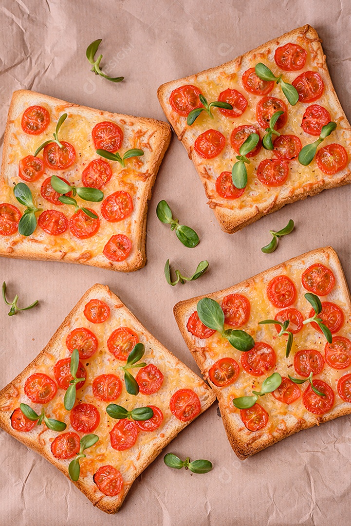 Deliciosa torrada fresca ou bruschetta com tomate, queijo, ervas, sal e especiarias sobre fundo escuro de concreto