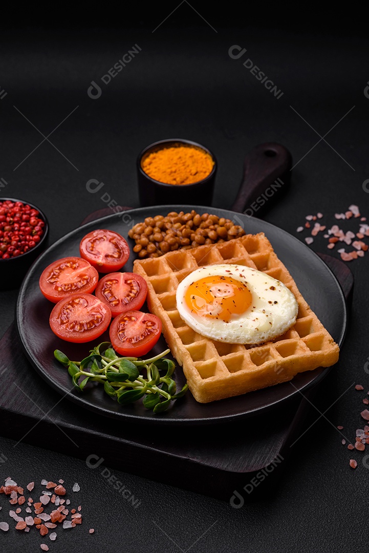 Delicioso café da manhã composto por ovo frito, waffle belga, lentilhas, microgreens com especiarias e ervas em um fundo escuro de concreto