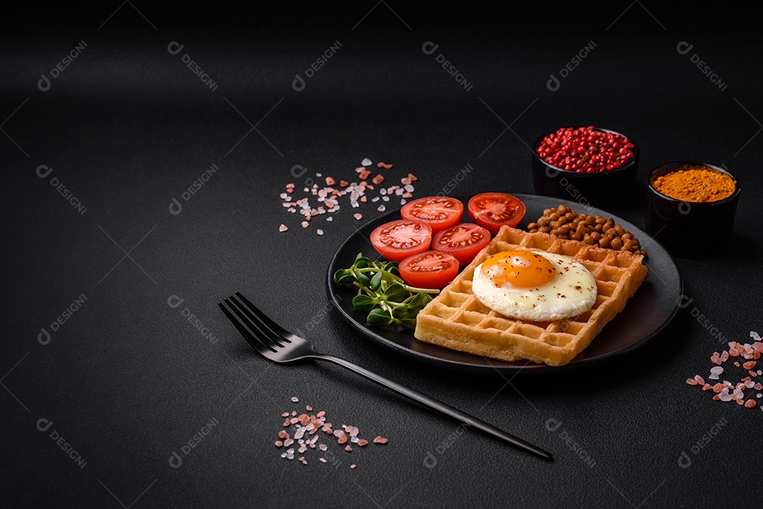 Delicioso café da manhã composto por ovo frito, waffle belga, lentilhas, microgreens com especiarias e ervas em um fundo escuro de concreto