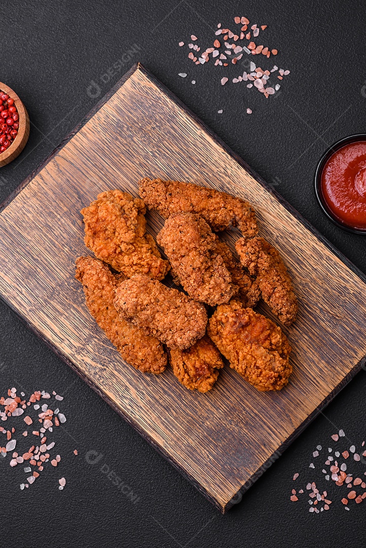 Deliciosas asas de frango empanadas crocantes grelhadas com especiarias e ervas em um fundo escuro de concreto