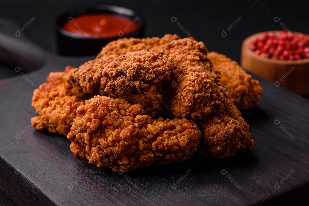 Deliciosas asas de frango empanadas crocantes grelhadas com especiarias e ervas em um fundo escuro de concreto