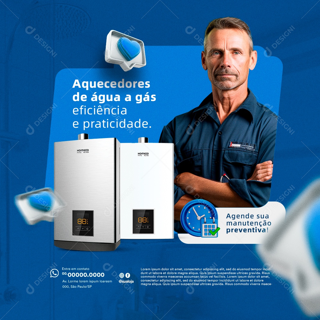 Aquecedores de Água a Gás Eficiência e Praticidade Agende sua Manutenção Preventiva Social Media PSD Editável