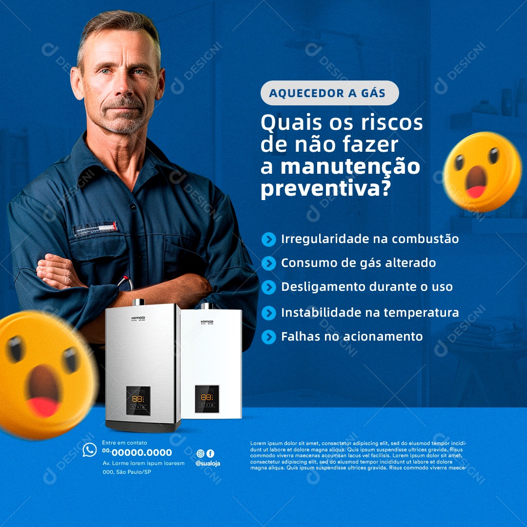 Aquecedores Aquecedor a Gás Quais os Riscos de não fazer a Manutenção Preventiva Social Media PSD Editável