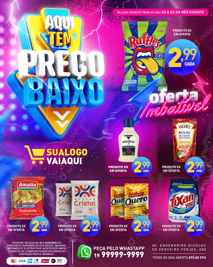 Tabloide Aqui Tem Preço Baixo Oferta Imbatível Produtos Supermercado Social Media PSD Editável
