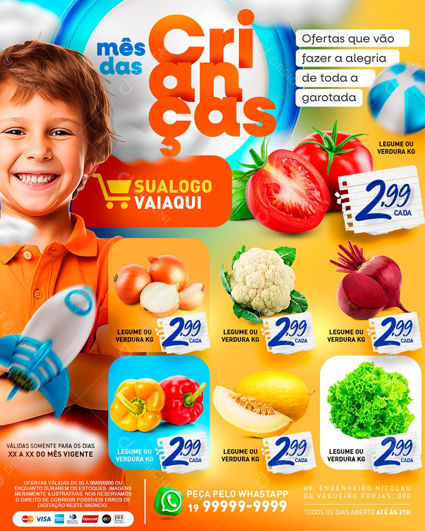 Tabloide Mês das Crianças Hortifruti Ofertas Produtos Social Media PSD Editável