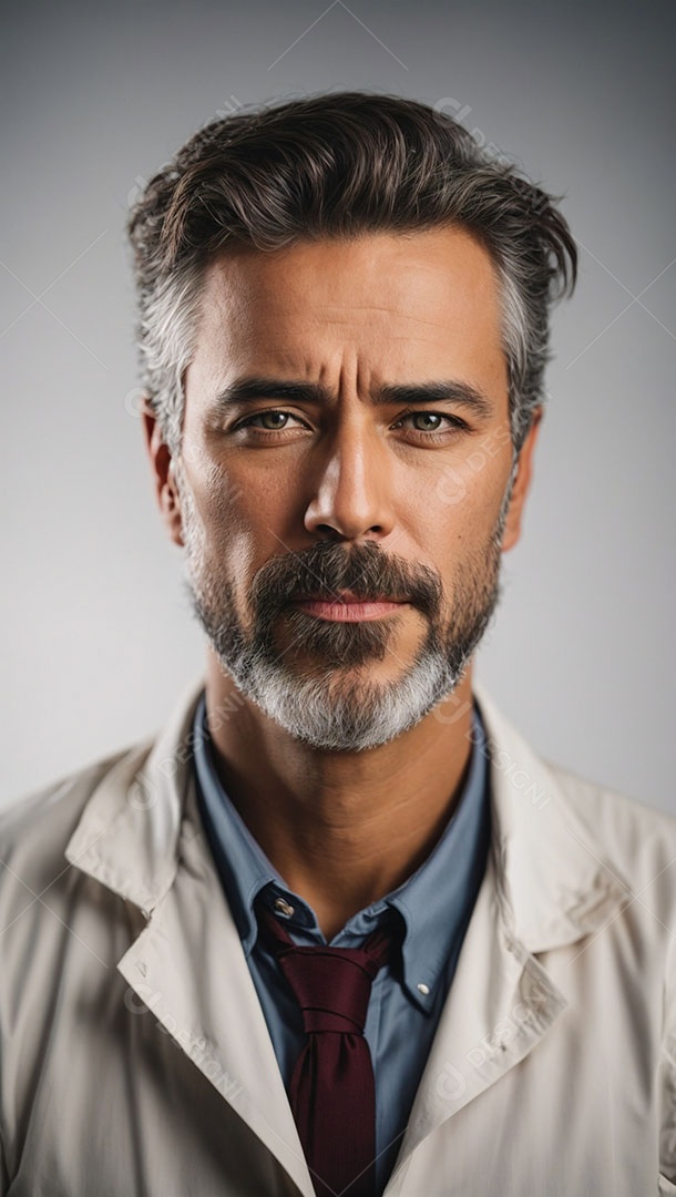 Homem de cabelos grisalhos usando jaleco branco.