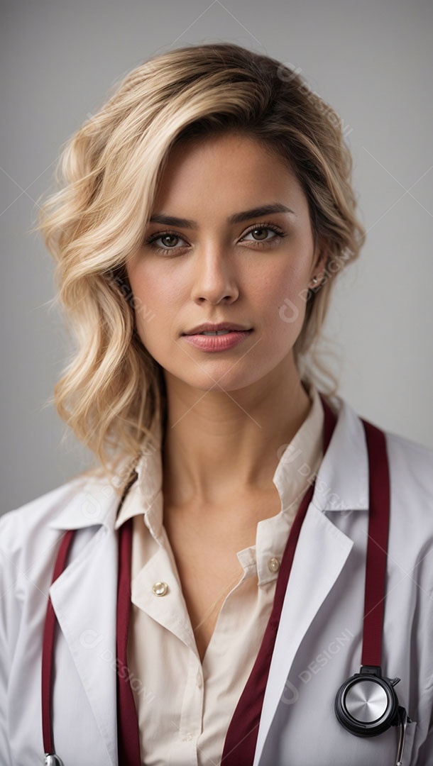 Mulher loira usando jaleco branco e estetoscópio sobre o pescoço.