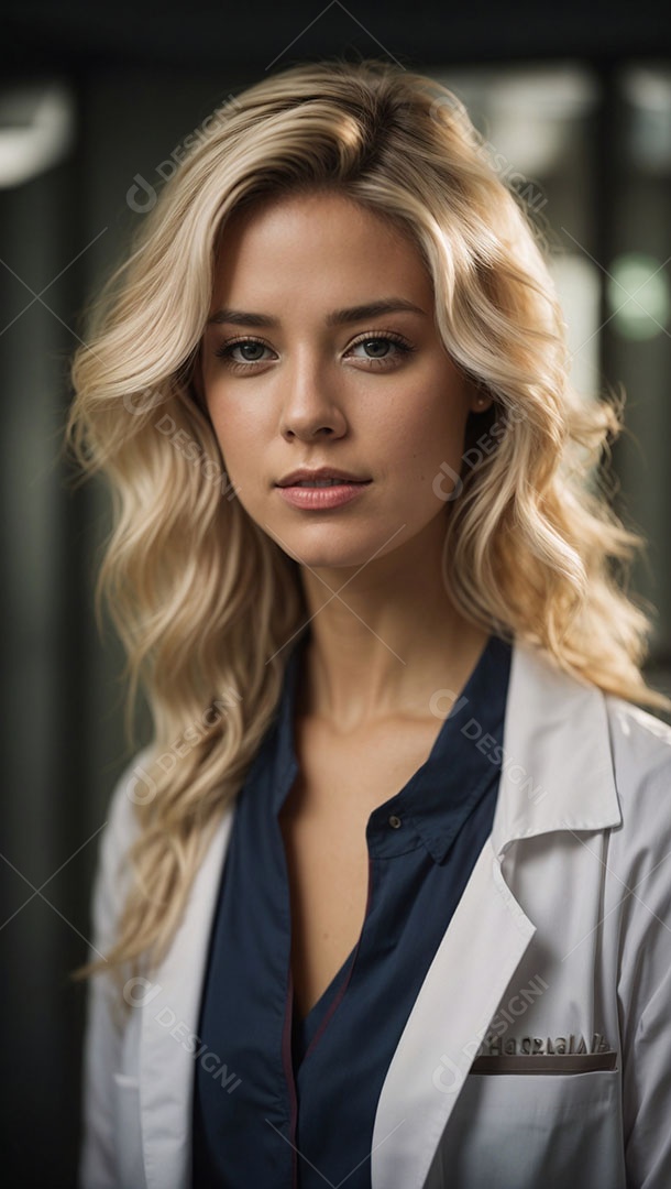 Mulher loira usando jaleco branco.