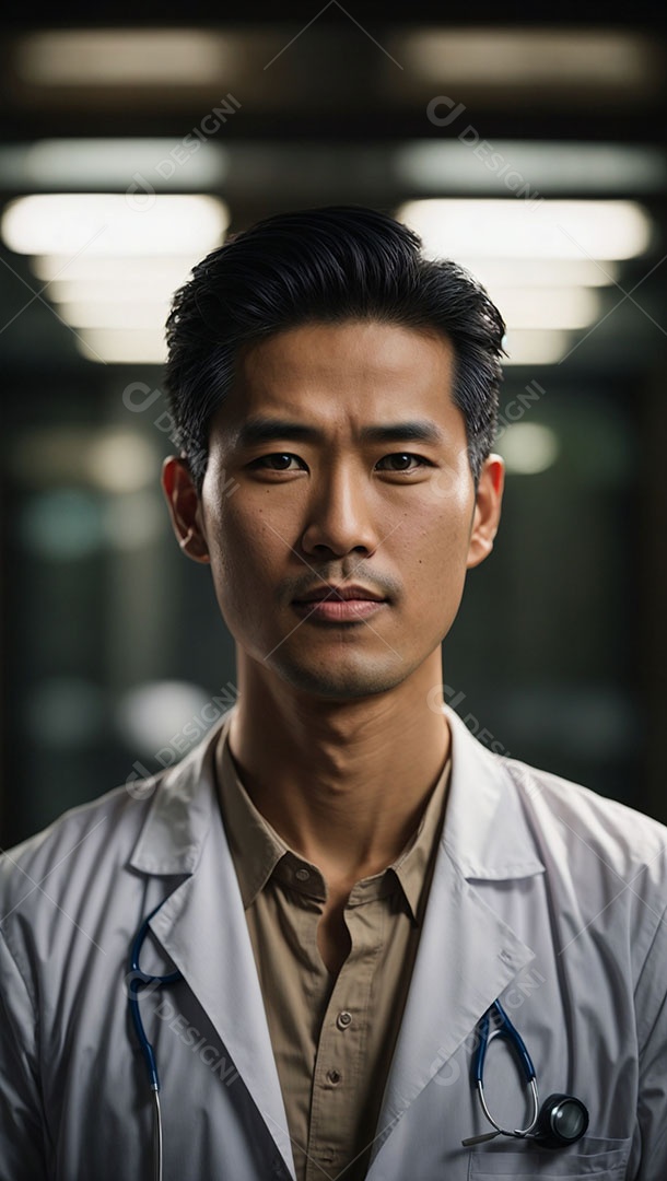 Homem jovem usando jaleco branco e estetoscópio sobre o pescoço.