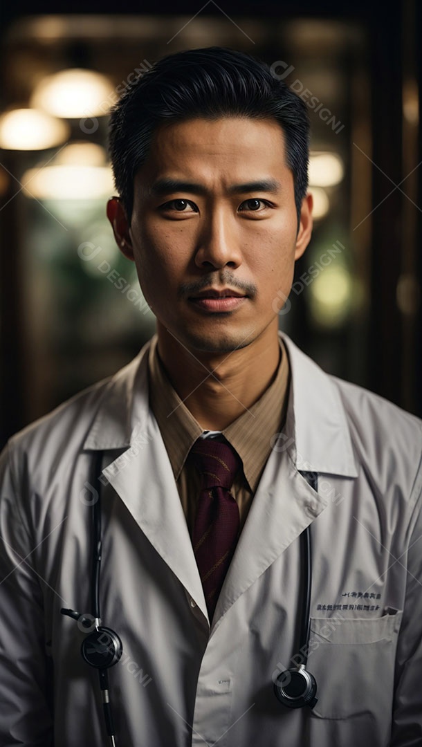 Homem jovem usando jaleco branco e estetoscópio sobre o pescoço.