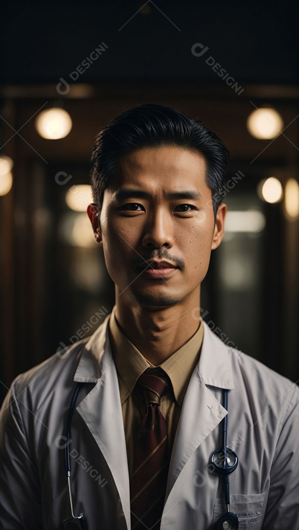 Homem jovem usando jaleco branco e estetoscópio sobre o pescoço.