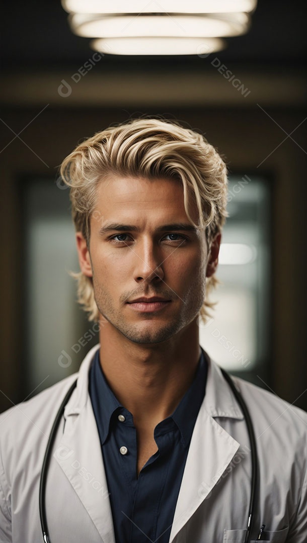 Homem jovem usando jaleco branco e estetoscópio sobre o pescoço.