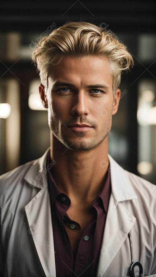 Homem jovem usando jaleco branco.