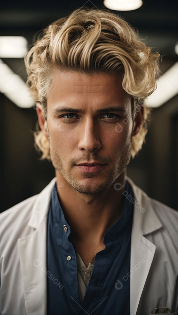 Homem jovem usando jaleco branco.