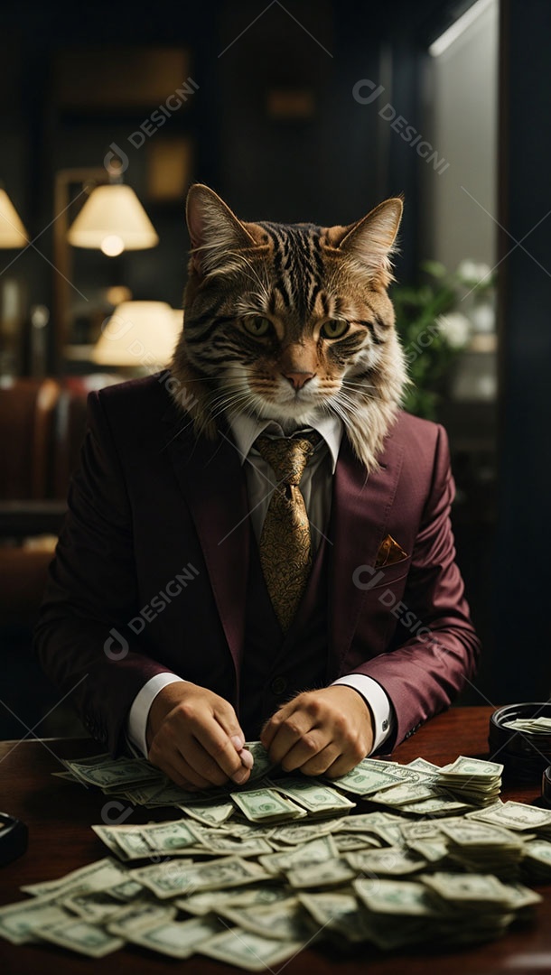Gato de terno contando dinheiro.
