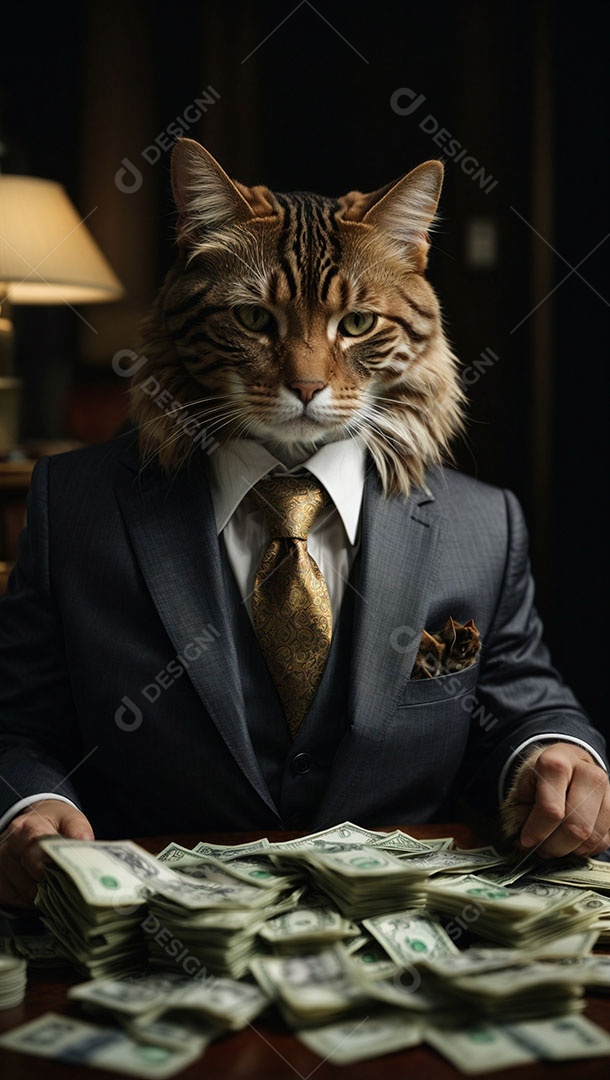 Gato de terno contando dinheiro.