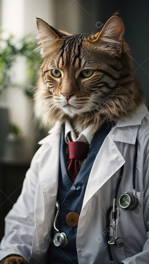 Gato malhado laranja vestido com jaleco branco e estetoscópio sobre o pescoço.