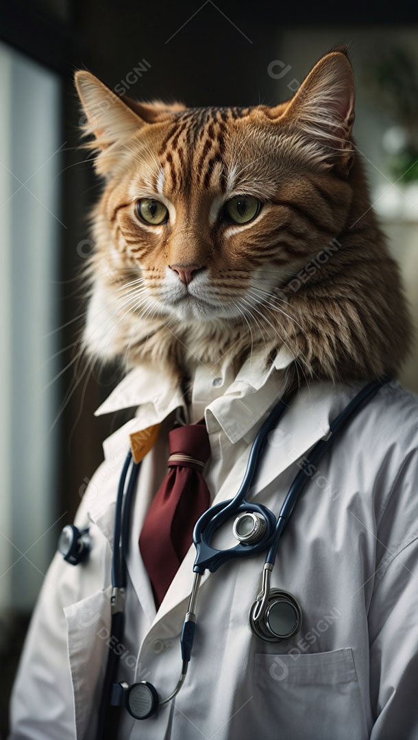 Gato malhado laranja vestido com jaleco branco e estetoscópio sobre o pescoço.