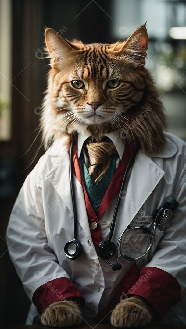 Gato malhado laranja vestido com jaleco branco e estetoscópio sobre o pescoço.
