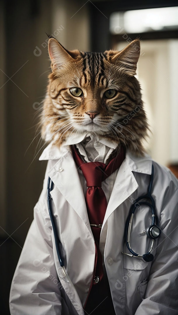 Gato malhado laranja vestido com jaleco branco e estetoscópio sobre o pescoço.