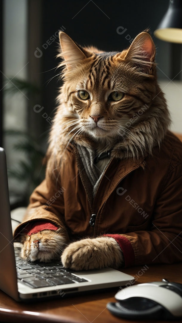Gato malhado laranja vestido de blêizer em frente ao notebook.