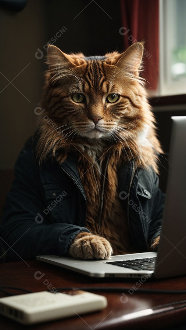 Gato malhado laranja vestido de casaco em frente ao notebook.