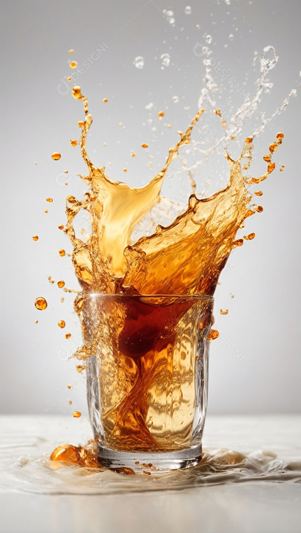 Copo com bebida com respingos sobre fundo branco.