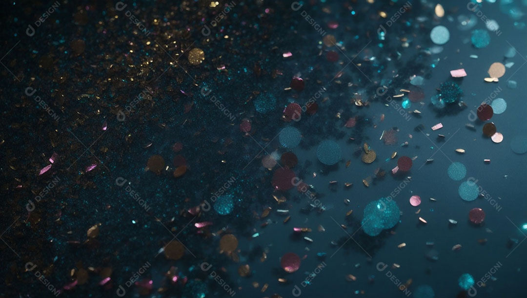 Confetes colorido sobre fundo azul.