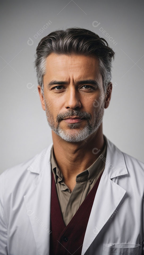 Homem de cabelos grisalhos usando jaleco branco.