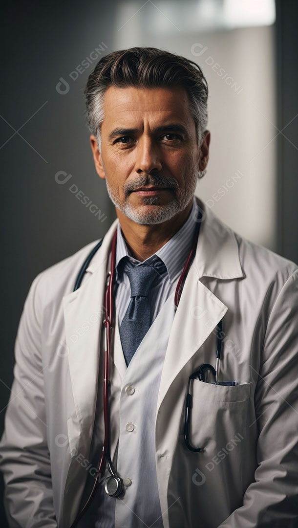 Homem de cabelos grisalhos usando jaleco branco e estetoscópio sobre o pescoço.