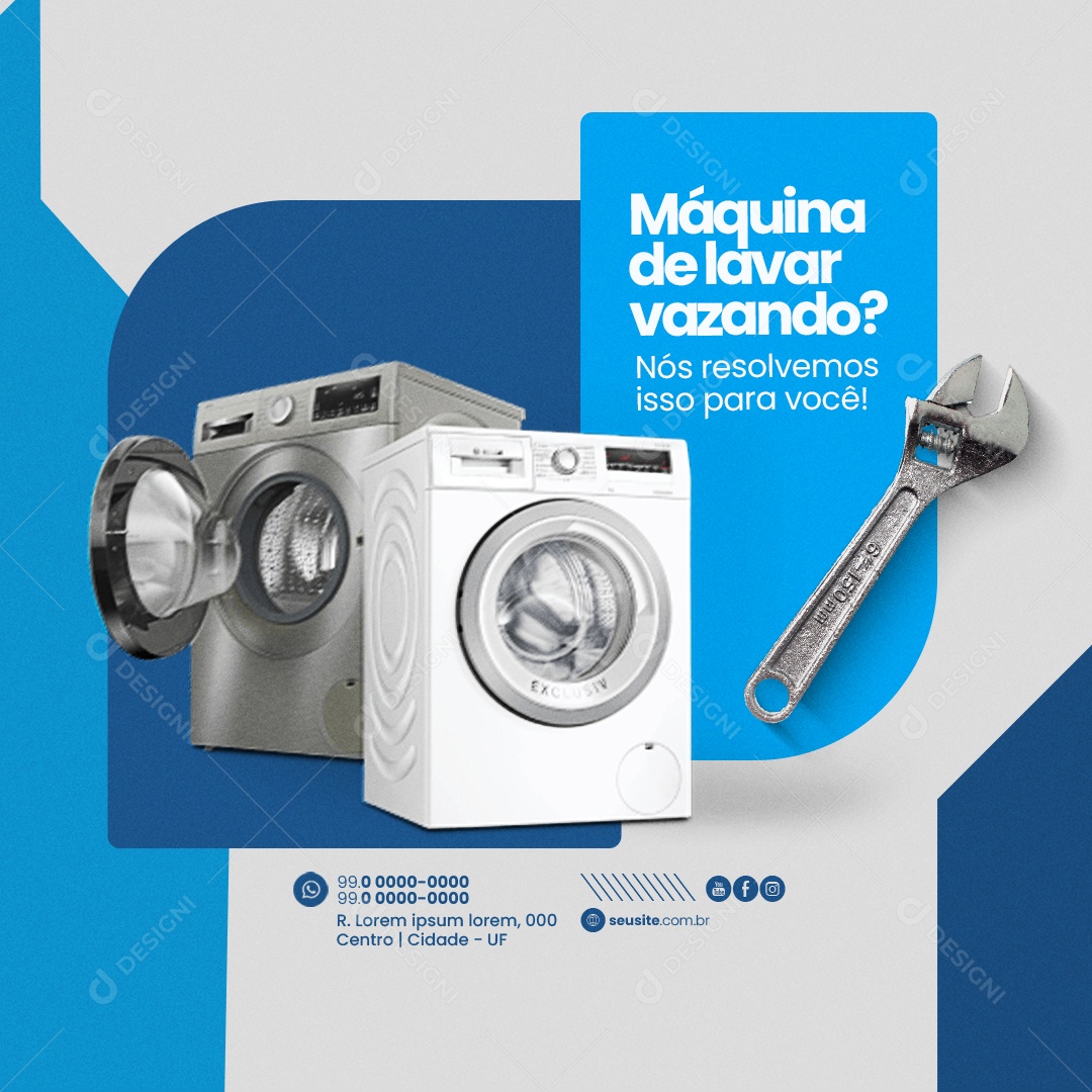 Social Media Máquina de Lavar Vazando Assistência de Máquinas PSD Editável