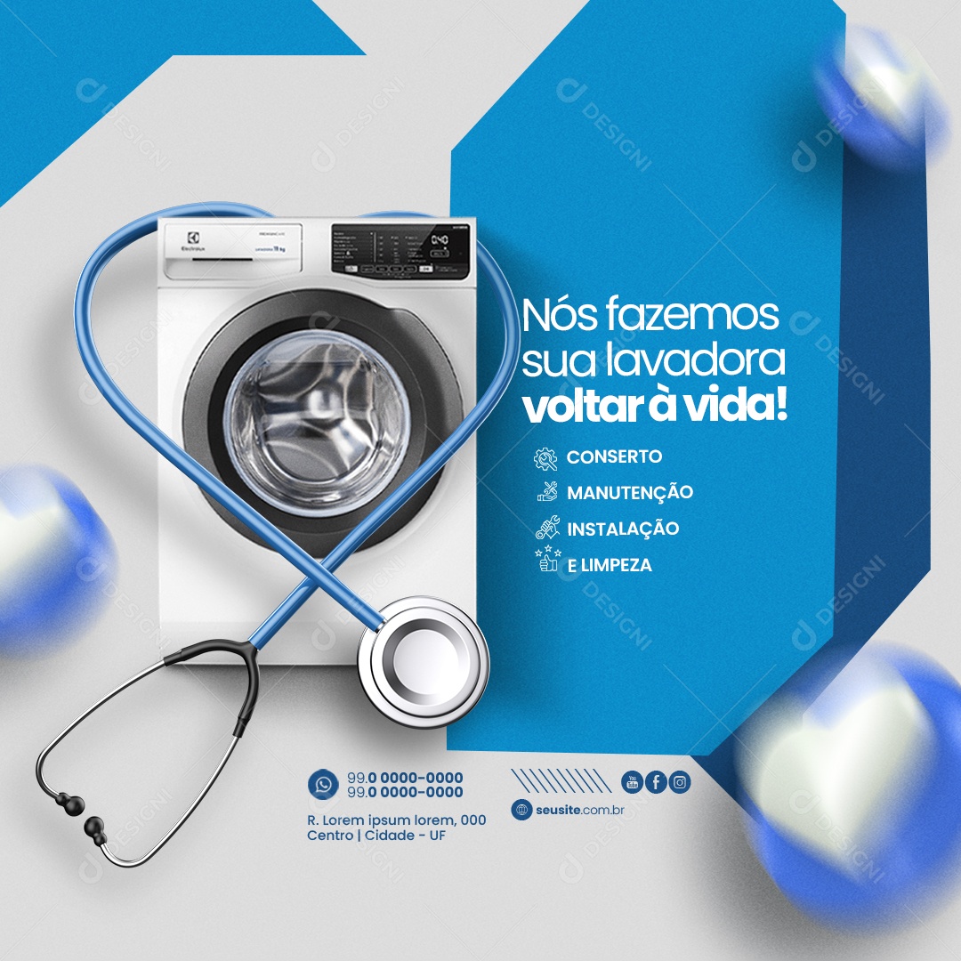 Assistência de Máquinas Nós Fazemos sua Lavadora Volta à Vida Social Media PSD Editável