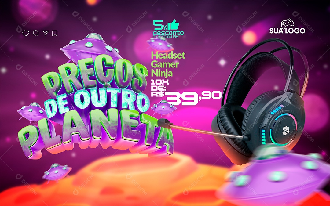 Banner Loja de Informática Preço de Outubro Planeta Headset Gamer Ninja Social Media PSD Editável