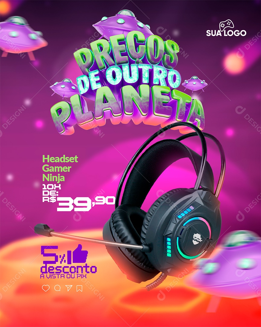 Loja de Informática Preço de Outubro Planeta Headset Gamer Ninja Social Media PSD Editável