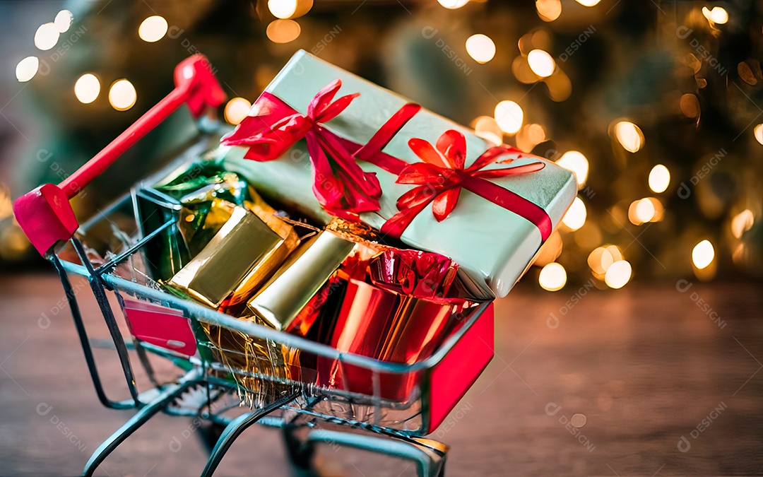 Presentes sobre carrinho de compras sobre fundo luzes de natal