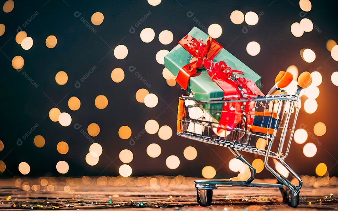 Presentes sobre carrinho de compras sobre fundo luzes de natal