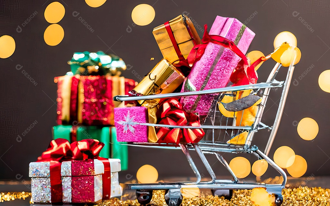 Presentes sobre carrinho de compras sobre fundo luzes de natal