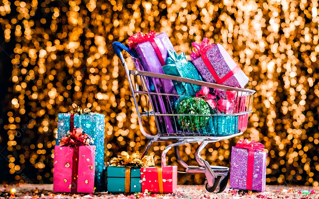 Presentes sobre carrinho de compras sobre fundo luzes de natal
