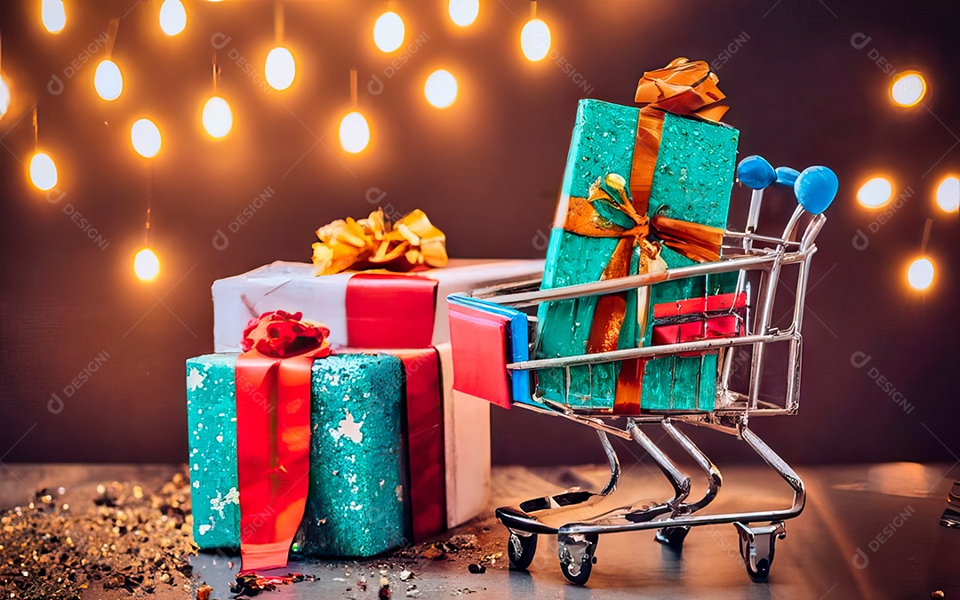 Presentes sobre carrinho de compras sobre fundo luzes de natal