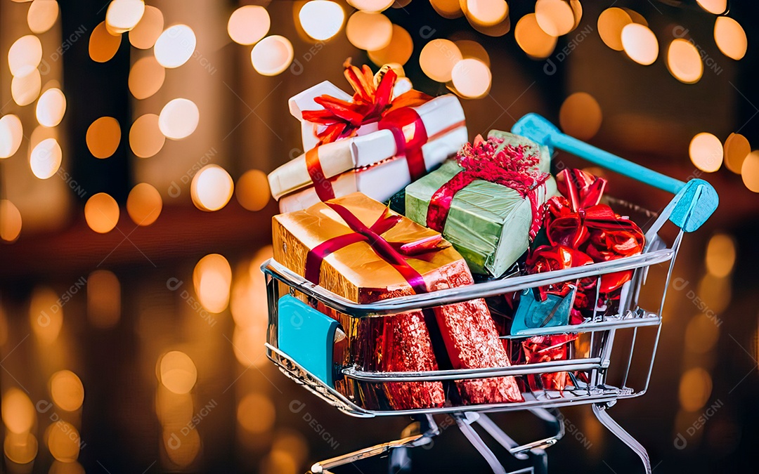 Presentes sobre carrinho de compras sobre fundo luzes de natal