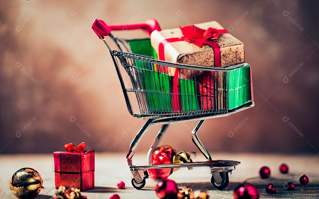 Presentes sobre carrinho de compras sobre fundo luzes de natal