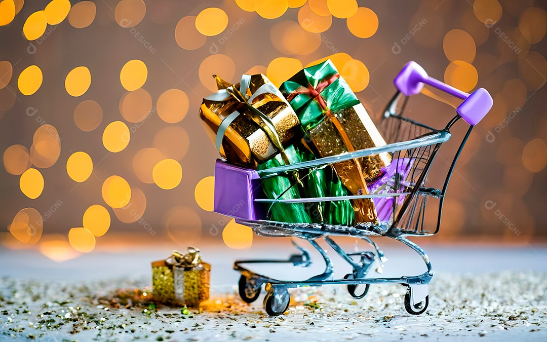 Presentes sobre carrinho de compras sobre fundo luzes de natal