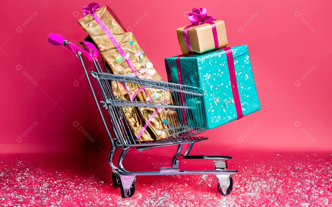 Presentes sobre carrinho de compras sobre fundo luzes de natal