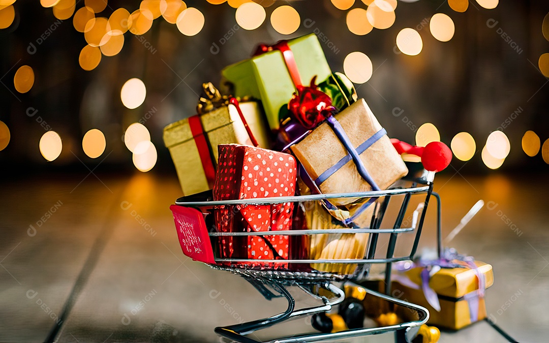 Presentes sobre carrinho de compras sobre fundo luzes de natal