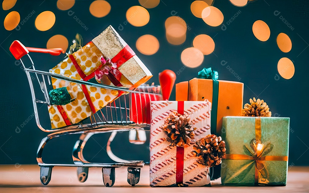 Presentes sobre carrinho de compras sobre fundo luzes de natal