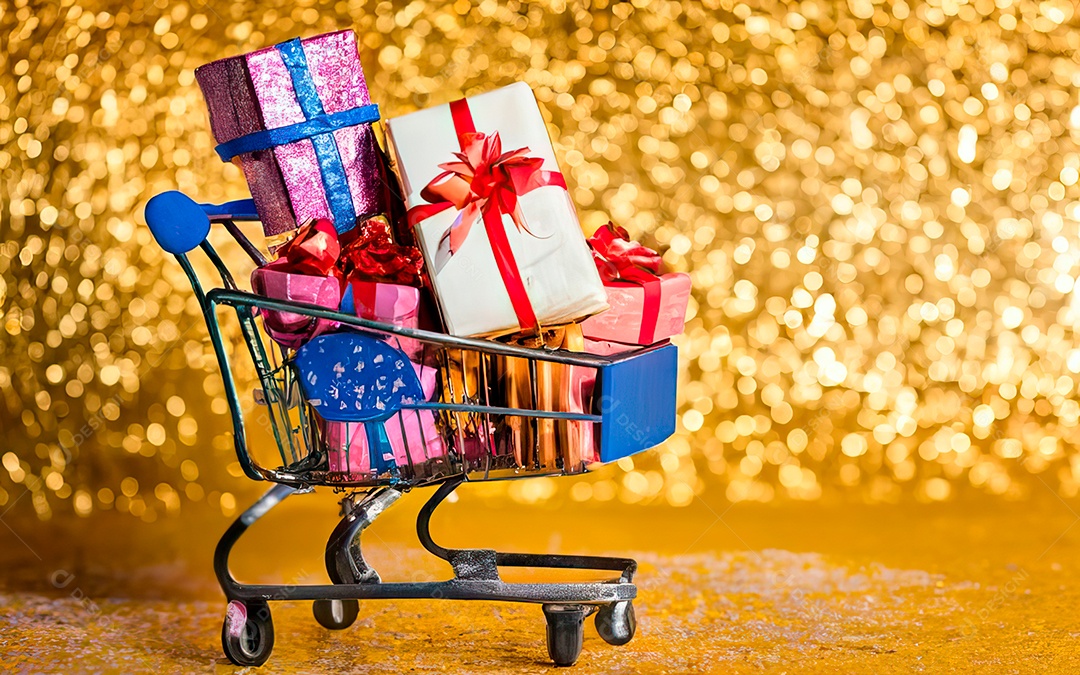 Presentes sobre carrinho de compras sobre fundo luzes de natal