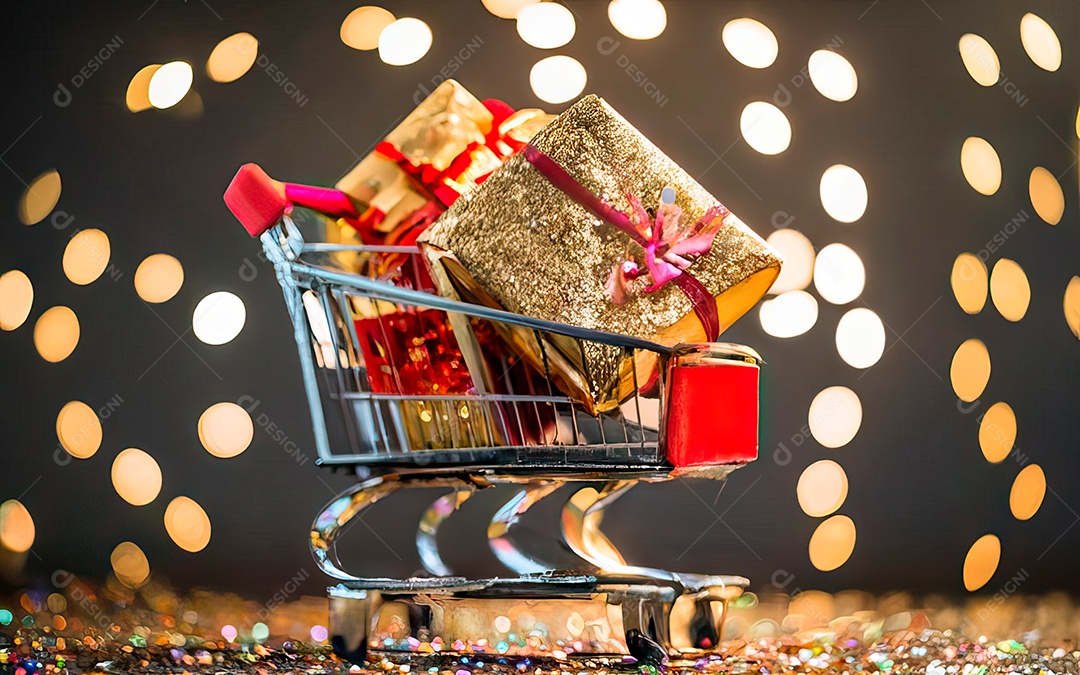 Presentes sobre carrinho de compras sobre fundo luzes de natal