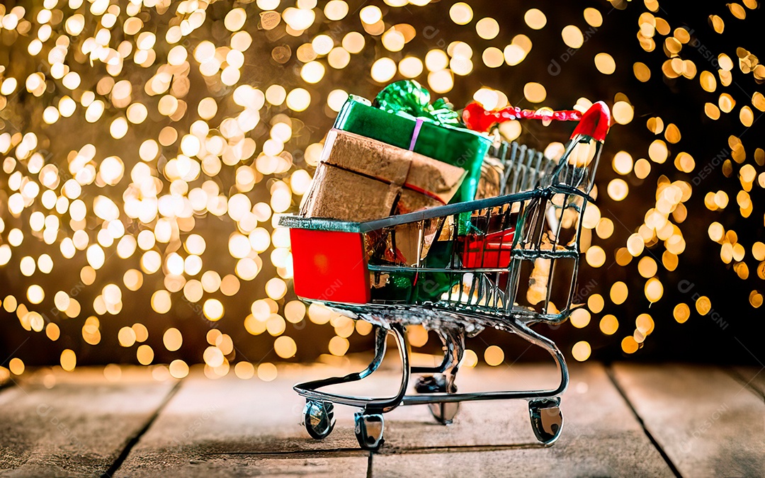 Presentes sobre carrinho de compras sobre fundo luzes de natal