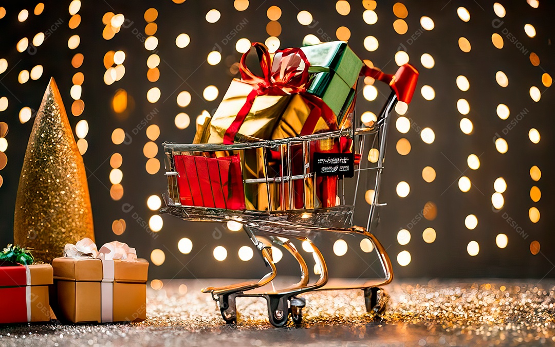 Presentes sobre carrinho de compras sobre fundo luzes de natal