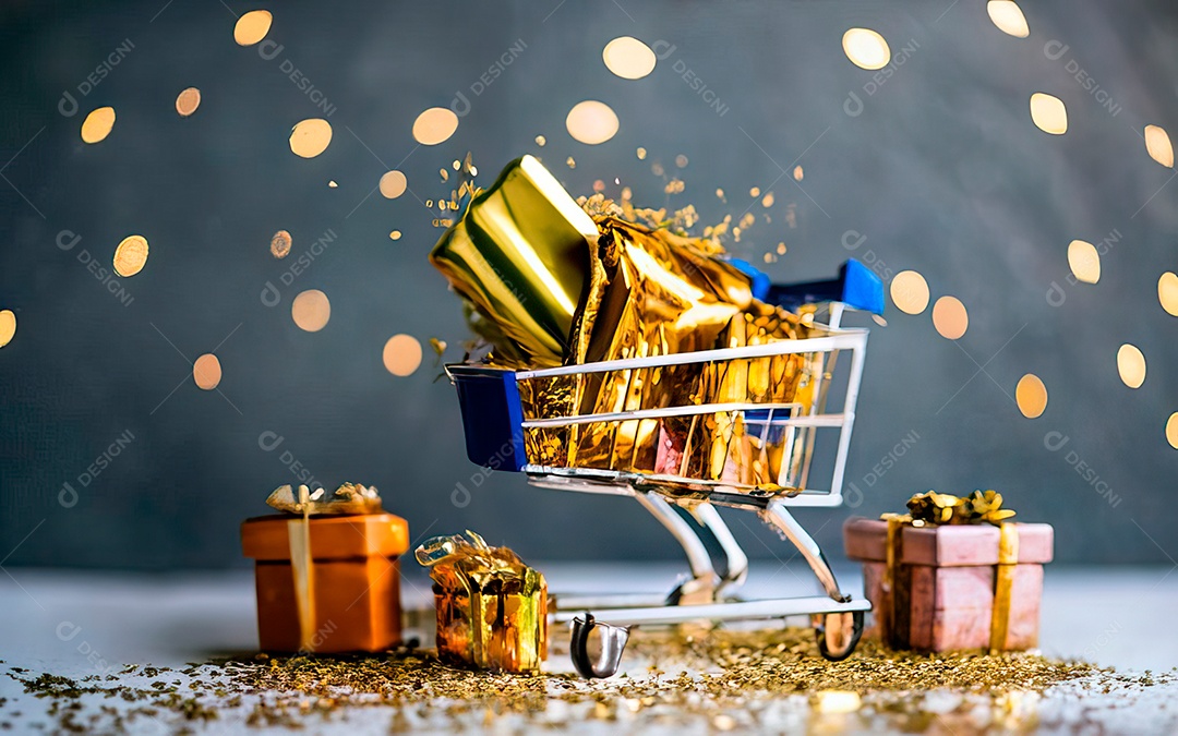 Presentes sobre carrinho de compras sobre fundo luzes de natal